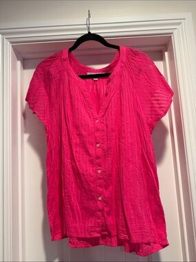 LOFT Hot Pink Button-Front Short Sleeve Blouse